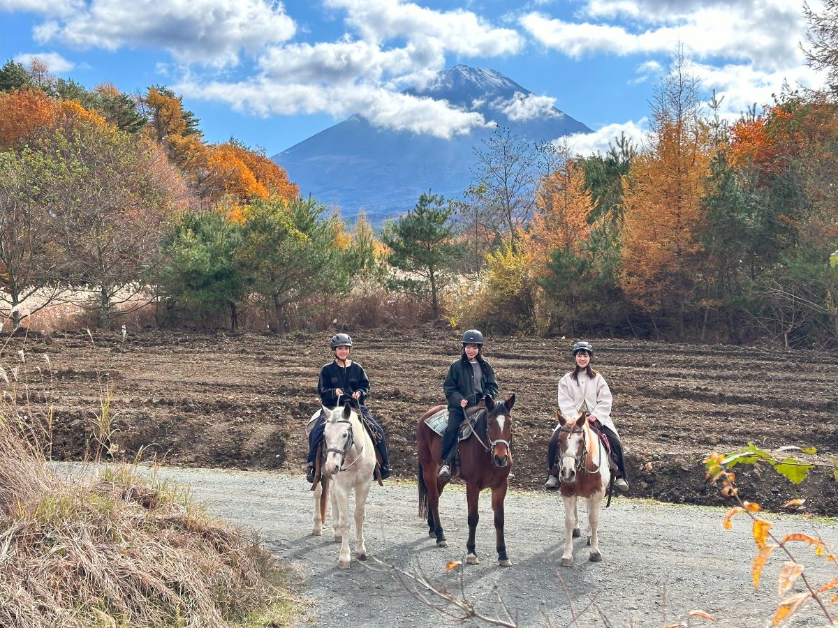 富士山與紅葉前並排的馬兒與三位騎乘者