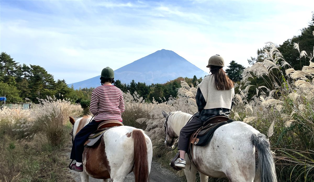 在芒草間騎馬前行的兩人與富士山
